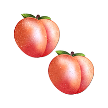 Load image into Gallery viewer, Peach: Fuzzy Sparkling Georgia Peaches Pasties by Pastease® o/s. Two glittery peach fruit nipple covers in orange pink with green leaves on a white background. Perfect for a festival, pride, burlesque performance, only fans content or a party.
