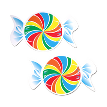 Load image into Gallery viewer, Candy: Rainbow Swirl Pasties by Pastease® o/s. Two sweet shaped nipple covers on a white background. Perfect for a festival, pride, burlesque performance, only fans content or a party.
