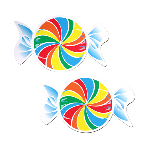 Candy: Rainbow Swirl Pasties by Pastease® o/s. Two sweet shaped nipple covers on a white background. Perfect for a festival, pride, burlesque performance, only fans content or a party.