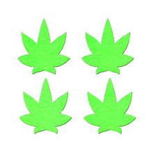 Load image into Gallery viewer, Petites: Two-Pair of Small (Glow-In-The-Dark) Pot Leaf Nipple Pasties by Pastease®. Four petite neon green cannabis weed leaf shaped nipple covers shown on a white background. Perfect for festivals, pride, burlesque, raves, only fans content or parties.
