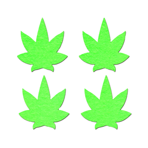 Petites: Two-Pair of Small (Glow-In-The-Dark) Pot Leaf Nipple Pasties by Pastease®. Four petite neon green cannabis weed leaf shaped nipple covers shown on a white background. Perfect for festivals, pride, burlesque, raves, only fans content or parties.