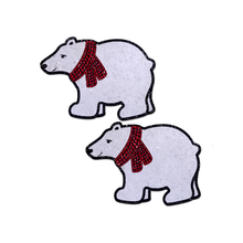 Load image into Gallery viewer, Polar Bear with Scarf Sparkling Glittery Pasties by Pastease® o/s. Two polar bear christmas holiday fun shaped nipple covers on a white background. Perfect for a festival, pride, burlesque performance, only fans content or a party.
