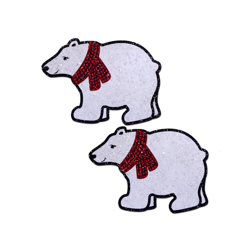 Polar Bear with Scarf Sparkling Glittery Pasties by Pastease® o/s. Two polar bear christmas holiday fun shaped nipple covers on a white background. Perfect for a festival, pride, burlesque performance, only fans content or a party.