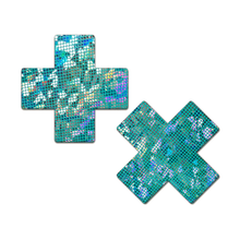 Load image into Gallery viewer, Plus X: Seafoam Disco Glitter Cross Pasties by Pastease® o/s. Two teale blue iridescent cross shaped nipple covers on a white background. Perfect for a festival, pride, burlesque performance, only fans content or a party.
