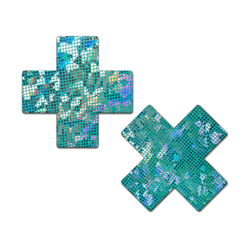 Plus X: Seafoam Disco Glitter Cross Pasties by Pastease® o/s. Two teale blue iridescent cross shaped nipple covers on a white background. Perfect for a festival, pride, burlesque performance, only fans content or a party.