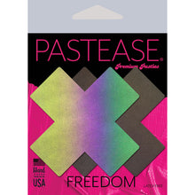 Load image into Gallery viewer, Plus X: Reflective Rainbow Cross Nipple Pasties by Pastease. Two reflective black to rainbow cross shaped nipple covers shown in the pastease pink and black cellophane packaging on a white background.
