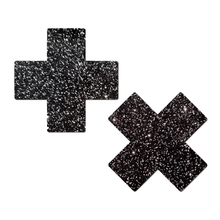 Load image into Gallery viewer, Plus X: Black Sparkle Velvet Cross Pasties by Pastease® o/s. Two glittery black cross shaped nipple covers on a white background. Perfect for festivals, pride, burlesque, raves, only fans content or parties.

