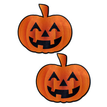 Load image into Gallery viewer, Pumpkin: Spooky Halloween Jack O&#39; Lantern Nipple Pasties by Pastease. Two orange smiling carved pumpkins nipple covers on a plain white background. Perfect for a festival, pride, burlesque performance, only fans content or a party.
