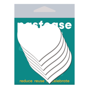 Refills Heart: Reuse Pasties with Three Pair Double Stick Shapes by Pastease®. Six white double sided self adhesive hearts for nipple covers in the pastease teal packaging on a white background. Perfect for a festival, pride, burlesque performance, only fans content or a party.