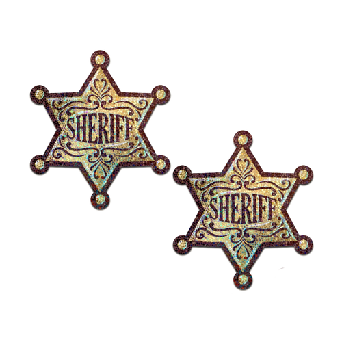 Sheriff Star: Glittering Golden Sheriff's Badge by Pastease® o/s. Two glittery star shaped nipple covers with text reading sheriff in the centre similar to a cowboy badge on a white background. Perfect for a festival, pride, burlesque performance, only fans content or a party.