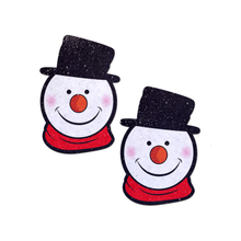 Load image into Gallery viewer, Snowman Christmas Pasties by Pastease® o/s. Two smiling snowmen wearing hats and scarves with a glittery fabric shaped nipple covers on a white background. Perfect for a festival, pride, burlesque performance, only fans content or a party.
