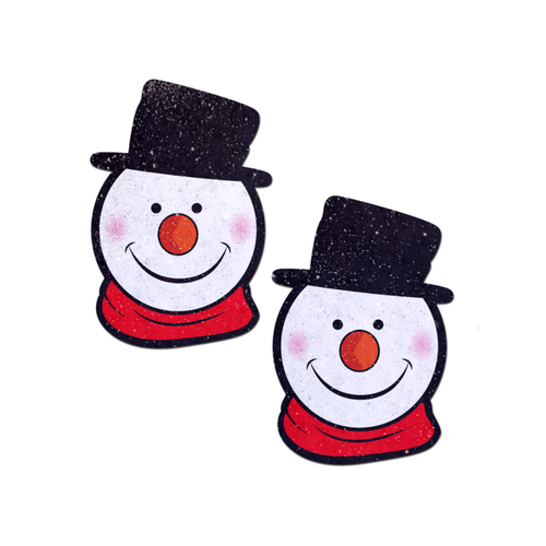 Snowman Christmas Pasties by Pastease® o/s. Two smiling snowmen wearing hats and scarves with a glittery fabric shaped nipple covers on a white background. Perfect for a festival, pride, burlesque performance, only fans content or a party.
