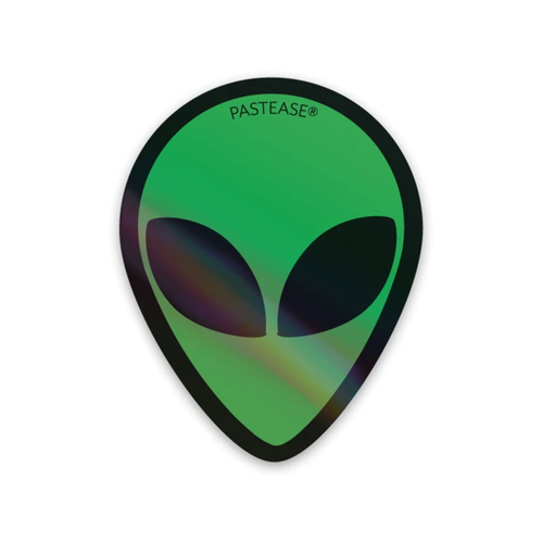 Sticker: Holographic Green Alien by Pastease® o/s. A green alien extraterrestrial shiny rainbow style sticker on a white background. Perfect for a festival, pride, journalling, decorating and creative projects.