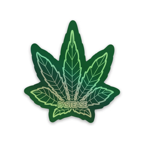 Sticker: Indica Green Holographic Pot Leaf by Pastease® o/s. A green cannabis weed shiny rainbow style sticker on a white background. Perfect for a festival, pride, journalling, decorating and creative projects.