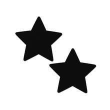 Load image into Gallery viewer, Star: Black Matte Star Nipple Pasties by Pastease®. Two black star shaped nipple covers shown on a white background. Perfect for festivals, pride, burlesque, raves, only fans content or parties.
