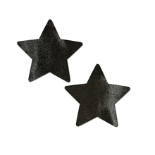Load image into Gallery viewer, Star: Liquid Black Star Nipple Pasties by Pastease®. Two black shiny star shape nipple covers shown on a white background. Perfect for festivals, pride, burlesque, raves, only fans content or parties.
