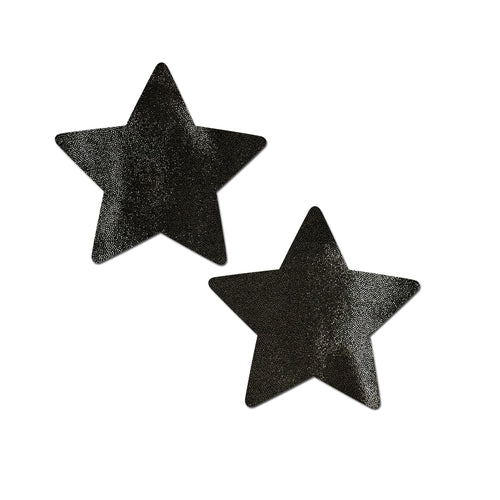 Star: Liquid Black Star Nipple Pasties by Pastease®. Two black shiny star shape nipple covers shown on a white background. Perfect for festivals, pride, burlesque, raves, only fans content or parties.
