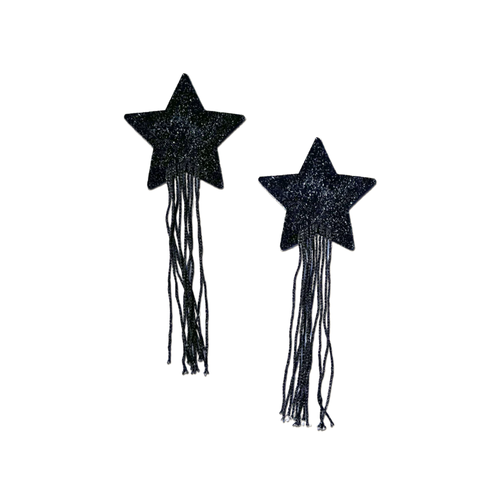 Tassel Pasties: Black Star by Pastease® o/s. Two star shaped nipple covers on a white background. Perfect for a festival, pride, burlesque performance, only fans content or a party.