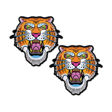 Load image into Gallery viewer, Tiger: Ferocious Tattoo Jungle Cat Diamond Thom by Pastease® o/s. Two traditional tattoo style orange roaring tiger shaped nipple covers on a white background. Perfect for a festival, pride, burlesque performance, only fans content or a party.
