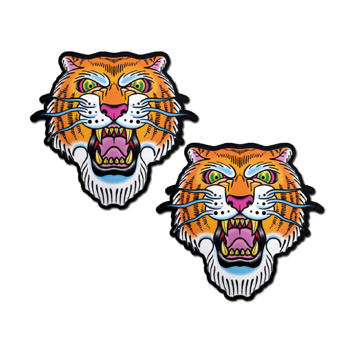 Tiger: Ferocious Tattoo Jungle Cat Diamond Thom by Pastease® o/s. Two traditional tattoo style orange roaring tiger shaped nipple covers on a white background. Perfect for a festival, pride, burlesque performance, only fans content or a party.