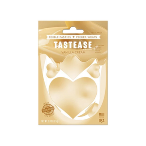 Tastease: Vanilla Cream Edible Pasties & Pecker Wrap by Pastease® o/s. Pack of edible vanilla cream flavoured nipple covers on a white background. Perfect for a festival, pride, burlesque performance, only fans content or a party.