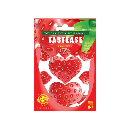Tastease: Strawberry Edible Pasties & Pecker Wrap by Pastease® o/s. Pack of edible strawberry flavoured nipple covers on a white background. Perfect for a festival, pride, burlesque performance, only fans content or a party.