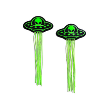 Load image into Gallery viewer, Tassel UFO Alien Glow-in-the-dark Neon Green Pasties by Pastease®. Two UFO shaped nipple covers with neon green tassles on a white background. Perfect for festivals, pride, burlesque, raves, only fans content or parties.

