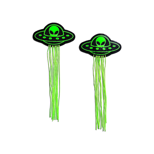 Tassel UFO Alien Glow-in-the-dark Neon Green Pasties by Pastease®. Two UFO shaped nipple covers with neon green tassles on a white background. Perfect for festivals, pride, burlesque, raves, only fans content or parties.