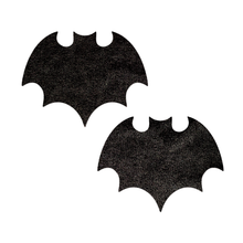 Load image into Gallery viewer, Vamp: Liquid Black Bat Nipple Pasties by Pastease. Two shiny black bat shaped nipple stickers on a white background. Perfect for a festival, pride, burlesque performance, only fans content or a party.
