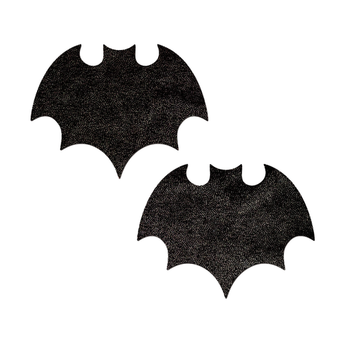 Vamp: Liquid Black Bat Nipple Pasties by Pastease. Two shiny black bat shaped nipple stickers on a white background. Perfect for a festival, pride, burlesque performance, only fans content or a party.