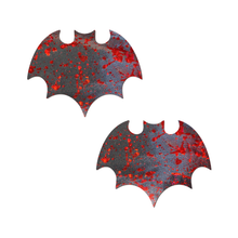 Load image into Gallery viewer, Vamp: Splatter Holographic Bat Pasties with red blood splat effect by Pastease® o/s. Two holographic red bat shaped nipple covers on a white background. Perfect for a festival, pride, burlesque performance, only fans content or a party.
