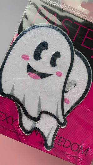 Video of the Ghost: Cute White Ghost Nipple Pasties by Pastease in the pink and black Pastease packaging. 