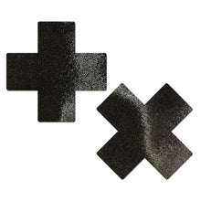 Load image into Gallery viewer, Everyday reusable liquid black cross with mini hearts reusable nipple pasties by pastease everyday o/s. Two black shimmery glitter cross pasties on a white background. Perfect for a festival, pride, burlesque performance, only fans content or a party.
