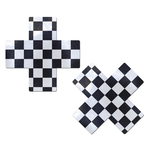 Plus X: Black & White Checker Cross Nipple Pasties by Pastease. Two checkerboard black and white plus x cross nipple covers on a white background. Perfect for a festival, pride, burlesque performance, only fans content or a party.