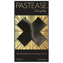 Load image into Gallery viewer, Everyday reusable liquid black cross with mini hearts reusable nipple pasties by pastease everyday o/s on the pastease everyday black and gold packaging backing card. Perfect for a festival, pride, burlesque performance, only fans content or a party.
