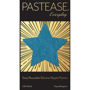 Everyday Reusable: Tourmaline Teal Vegan Luxury Suede Star with Mini Hearts Reusable Nipple Covers by Pastease® Everyday o/s on the pastease everyday black and gold packaging backing card. Perfect for a festival, pride, burlesque performance, only fans content or a party.