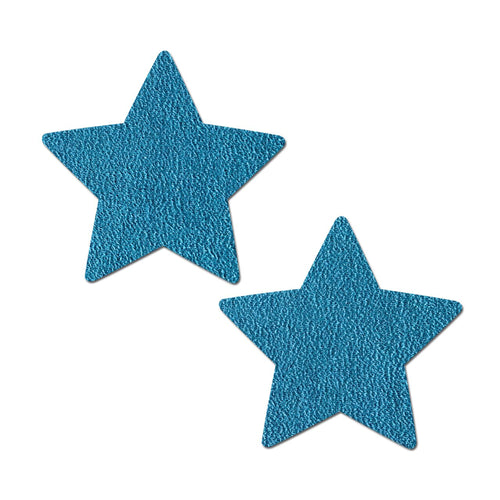 Everyday Reusable: Tourmaline Teal Vegan Luxury Suede Star with Mini Hearts Reusable Nipple Covers by Pastease® Everyday o/s. Two teal star pasties on a white background. Perfect for a festival, pride, burlesque performance, only fans content or a party.