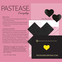 Load image into Gallery viewer, Everyday Reusable suede onyx flat black cross with mini hearts reusable nipple pasties by pastease everyday on a pink background with a thank you message. Perfect for a festival, pride, burlesque performance, only fans content or a party.
