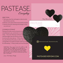 Load image into Gallery viewer, Everyday reusable liquid black heart with mini hearts reusable nipple pasties by pastease everyday on a pink background with a thank you message. Perfect for a festival, pride, burlesque performance, only fans content or a party.
