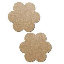 Load image into Gallery viewer, Everyday reusable: camel suede flower with mini hearts reusable nipple pasties by pastease. Two camel coloured flower pasties on a white background. Perfect for a festival, pride, burlesque performance, only fans content or a party.
