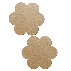 Everyday reusable: camel suede flower with mini hearts reusable nipple pasties by pastease. Two camel coloured flower pasties on a white background. Perfect for a festival, pride, burlesque performance, only fans content or a party.