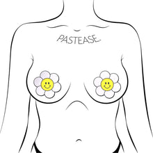 Load image into Gallery viewer, Daisy: Smiling Flower Yellow Happy Face Nipple Pasties by Pastease shown on a femme body outline for size reference on a white background.
