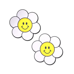 Daisy: Smiling Flower Happy Face Pasties by Pastease® o/s. Two Smiling Daisy yellow and white shaped nipple covers on a white background. Perfect for a festival, pride, burlesque performance, only fans content or a party.