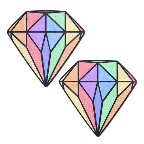 Gem: Pastel Rainbow Diamond Nipple Pasties by Pastease. Two pastel rainbow glitter diamond gem crystal nipple covers on a white background. Perfect for a festival, pride, burlesque performance, only fans content or a party.