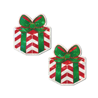 Gift: Christmas Present Wrapped with Bow Pasties by Pastease® o/s. Two christmas holiday gift present shaped nipple covers on a white background. Perfect for a festival, pride, burlesque performance, only fans content or a party.