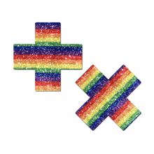 Load image into Gallery viewer, Plus X: Glittering Rainbow Cross Nipple Pasties by Pastease®. Two glitter sparkle rainbow stripe plus x cross nipple covers on a white background. Perfect for a festival, pride, burlesque performance, only fans content or a party.
