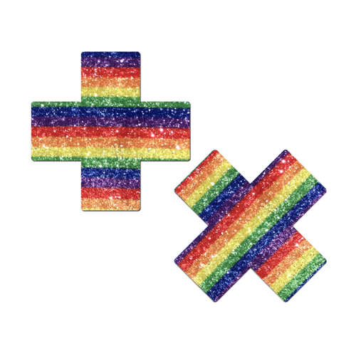 Plus X: Glittering Rainbow Cross Nipple Pasties by Pastease®. Two glitter sparkle rainbow stripe plus x cross nipple covers on a white background. Perfect for a festival, pride, burlesque performance, only fans content or a party.