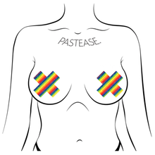 Load image into Gallery viewer, Plus X: Glittering Rainbow Cross Nipple Pasties by Pastease®. Two glitter sparkle rainbow stripe plus x cross nipple covers shown on a femme body outline for size reference on a white background.
