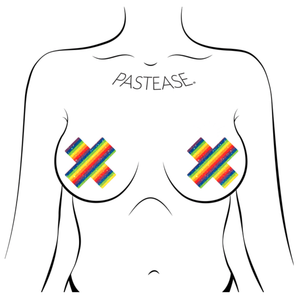 Plus X: Glittering Rainbow Cross Nipple Pasties by Pastease®. Two glitter sparkle rainbow stripe plus x cross nipple covers shown on a femme body outline for size reference on a white background.