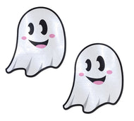 Ghost: Cute White Ghost Nipple Pasties by Pastease. Two shiny shimmer white ghost faces with pink blush cheeks nipple covers on a white background. Perfect for a festival, pride, burlesque performance, only fans content or a party.